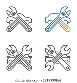 A collection of linear vector icons featuring a car silhouette crossed with a wrench, representing automotive repair and maintenance services.