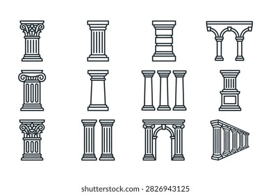 A collection of linear vector icons featuring various styles of ancient Greek and Roman columns, pillars, arches, and colonnades for architectural design.