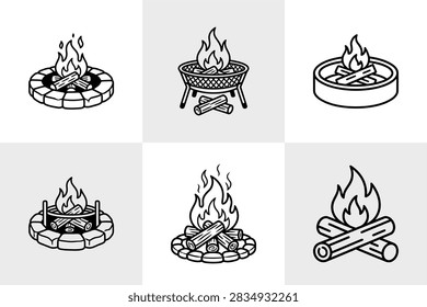 A collection of linear vector icons featuring various fire pits, outdoor fireplaces, and camping bonfires in a simple, minimalist graphic style.