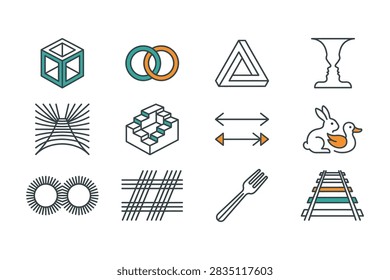 A collection of linear vector icons featuring classic optical illusions including impossible objects, ambiguous figures, and geometric perception puzzles.