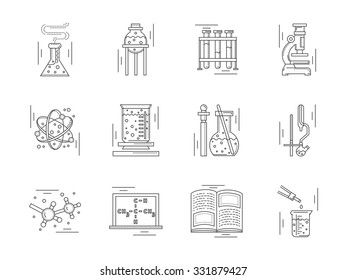 Collection of linear vector icons and signs for chemistry. Laboratory equipment, symbols for research and education. Design elements for business and website.