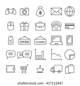 Collection of linear web icons: business, media, on-line trade