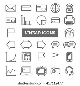 Collection of linear web icons: business, media, communication