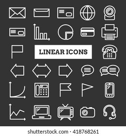 Collection of linear web icons: business, media, communication