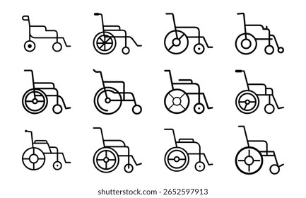 Recolha de ilustrações lineares para cadeiras de rodas, ilustrando a assistência à mobilidade para conceitos de saúde e deficiência