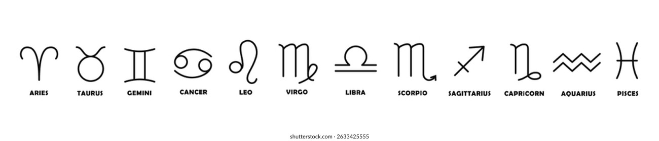Collection of linear zodiac signs with names isolated on white background.