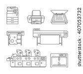 Collection of linear,flat Offset Printer,3D printer,Scanner,Laser printer,Plotter machine,Cutting plotter,InkJet printer,Copy Machine,photo,large format Printer.Vector illustration. Isolated on white