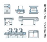 Collection of linear,flat Offset Printer,3D printer,Scanner,Laser printer,Plotter machine,Cutting plotter,InkJet printer,Copy Machine,photo,large format Printer.Vector illustration. Isolated on white
