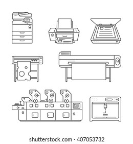 Collection of linear,flat Offset Printer,3D printer,Scanner,Laser printer,Plotter machine,Cutting plotter,InkJet printer,Copy Machine,photo,large format Printer.Vector illustration. Isolated on white