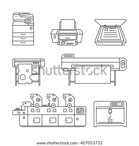 Collection of linear,flat Offset Printer,3D printer,Scanner,Laser printer,Plotter machine,Cutting plotter,InkJet printer,Copy Machine,photo,large format Printer.Vector illustration. Isolated on white