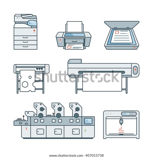 リニア フラットオフセットプリンタ 3dプリンタ スキャナ レーザープリンタ プロッタマシン カッティングプロッタ インクジェットプリンタ コピーマシン フォト 大きな形式のプリンタ ベクターイラストのコレクション 白い背景に のベクター画像素材