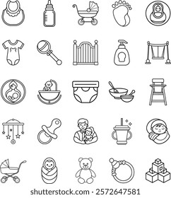 A collection of lineart icons depicting various baby products, including clothing, feeding items, toys, furniture, and accessories essential for newborn care.