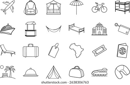 A collection of lineart travel icons depicting various modes of transport, accommodations, and vacation essentials. Includes plane, cruise ship, train, backpack, hotel, beach umbrella, and more.