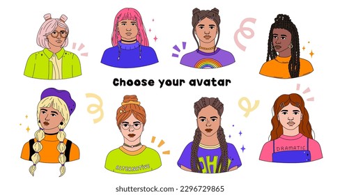 Collection of lined girls' avatars in bold modern style. Vibrant portrait. Gen Z.