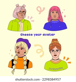 Collection of lined girls' avatars in bold modern style. Vibrant portrait. Gen Z.