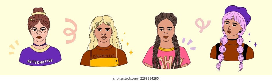 Collection of lined girls' avatars in bold modern style. Vibrant portrait. Gen Z.