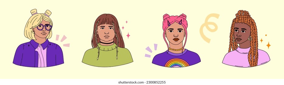 Collection of lined girls' avatars in bold modern style. Vibrant portrait. Gen Z.