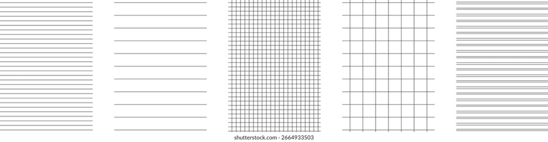 Coleção de modelos de papel com linhas, gráficos e grades para escrita, desenho e design. Perfeito para projetos escolares, de escritório ou criativos. Leiautes vetoriais limpos para uso versátil.