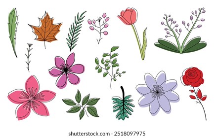 Una colección de flores y hojas dibujadas en línea en varios colores.