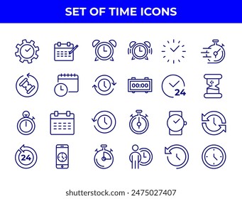 A collection of line-drawn icons related to time management, including alarm clocks, stopwatches, and calendars. These icons could be used in various applications to represent time-related functions.