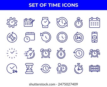 A collection of line-drawn icons related to time management, including alarm clocks, stopwatches, and calendars. These icons could be used in various applications to represent time-related functions.