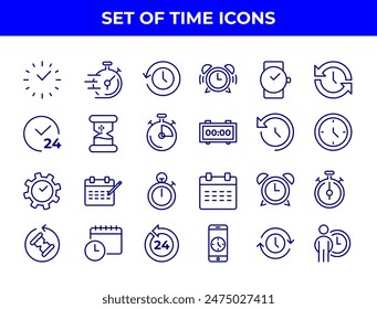 A collection of line-drawn icons related to time management, including alarm clocks, stopwatches, and calendars. These icons could be used in various applications to represent time-related functions.