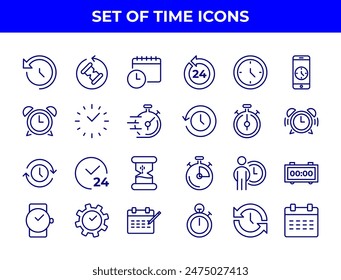 A collection of line-drawn icons related to time management, including alarm clocks, stopwatches, and calendars. These icons could be used in various applications to represent time-related functions.