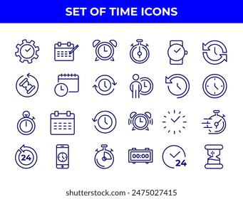 A collection of line-drawn icons related to time management, including alarm clocks, stopwatches, and calendars. These icons could be used in various applications to represent time-related functions.