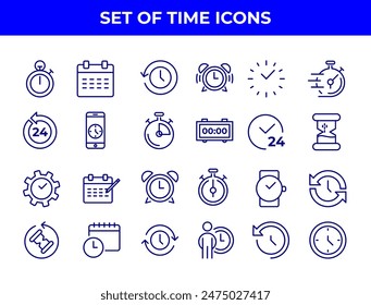 A collection of line-drawn icons related to time management, including alarm clocks, stopwatches, and calendars. These icons could be used in various applications to represent time-related functions.