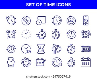 A collection of line-drawn icons related to time management, including alarm clocks, stopwatches, and calendars. These icons could be used in various applications to represent time-related functions.