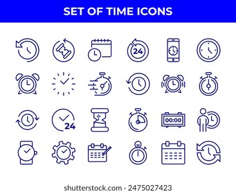 A collection of line-drawn icons related to time management, including alarm clocks, stopwatches, and calendars. These icons could be used in various applications to represent time-related functions.