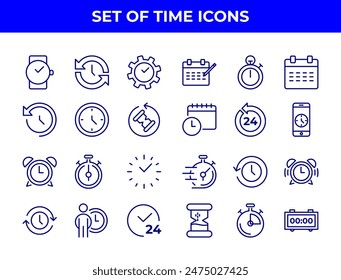 A collection of line-drawn icons related to time management, including alarm clocks, stopwatches, and calendars. These icons could be used in various applications to represent time-related functions.