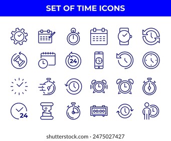 A collection of line-drawn icons related to time management, including alarm clocks, stopwatches, and calendars. These icons could be used in various applications to represent time-related functions.