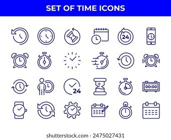 A collection of line-drawn icons related to time management, including alarm clocks, stopwatches, and calendars. These icons could be used in various applications to represent time-related functions.