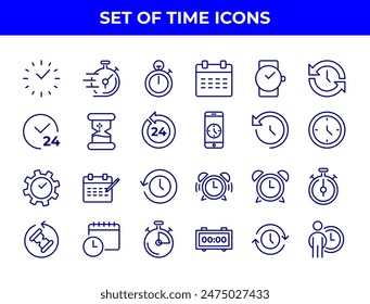 A collection of line-drawn icons related to time management, including alarm clocks, stopwatches, and calendars. These icons could be used in various applications to represent time-related functions.