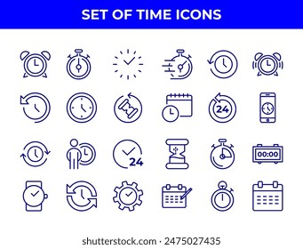 A collection of line-drawn icons related to time management, including alarm clocks, stopwatches, and calendars. These icons could be used in various applications to represent time-related functions.