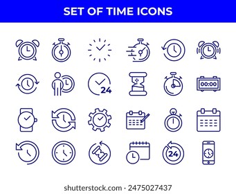 A collection of line-drawn icons related to time management, including alarm clocks, stopwatches, and calendars. These icons could be used in various applications to represent time-related functions.