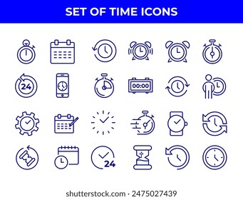 A collection of line-drawn icons related to time management, including alarm clocks, stopwatches, and calendars. These icons could be used in various applications to represent time-related functions.