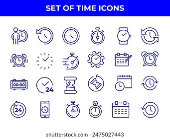 A collection of line-drawn icons related to time management, including alarm clocks, stopwatches, and calendars. These icons could be used in various applications to represent time-related functions.