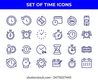 A collection of line-drawn icons related to time management, including alarm clocks, stopwatches, and calendars. These icons could be used in various applications to represent time-related functions.