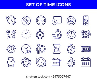 A collection of line-drawn icons related to time management, including alarm clocks, stopwatches, and calendars. These icons could be used in various applications to represent time-related functions.