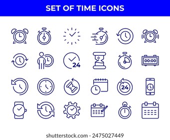 A collection of line-drawn icons related to time management, including alarm clocks, stopwatches, and calendars. These icons could be used in various applications to represent time-related functions.