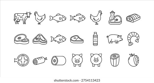 A collection of line-drawn icons representing various food items such as meat, seafood, dairy products, and more