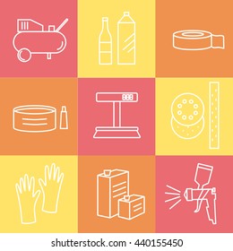 Collection of liner icons represent painter equipments: gun, hardener, lacquer, solvent, polish, scales, compressor, gloves, sandpaper, coating, scotch tape. Symbols isolated on colorful background