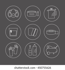 Collection of liner icons represent painter equipments: solvent, polish, compressor, gloves, coating, scotch tape, mix, paint mask, paint. Symbols isolated on circle