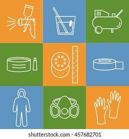 Collection of liner icons represent painter equipments: gun, compressor, gloves, sandpaper, coating, scotch tape, paint mask, paint, protective suit. Symbols isolated on colorful background.