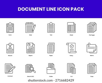 A collection of line-style document icons, representing various office and business functions such as records, reports, and contracts, ideal for professional use.