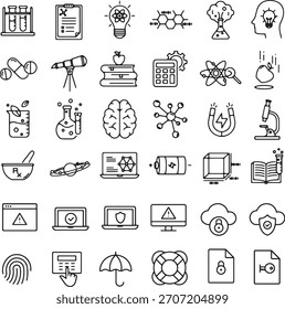 A collection of line-style icons representing science, technology, and safety concepts. Includes symbols for research, data, and security.