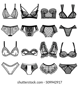Collection of lingerie. Panty and bra set. Vector illustrations