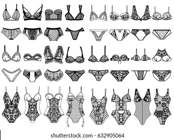 Collection of lingerie. Panty and bra set. Body. Vector illustrations.